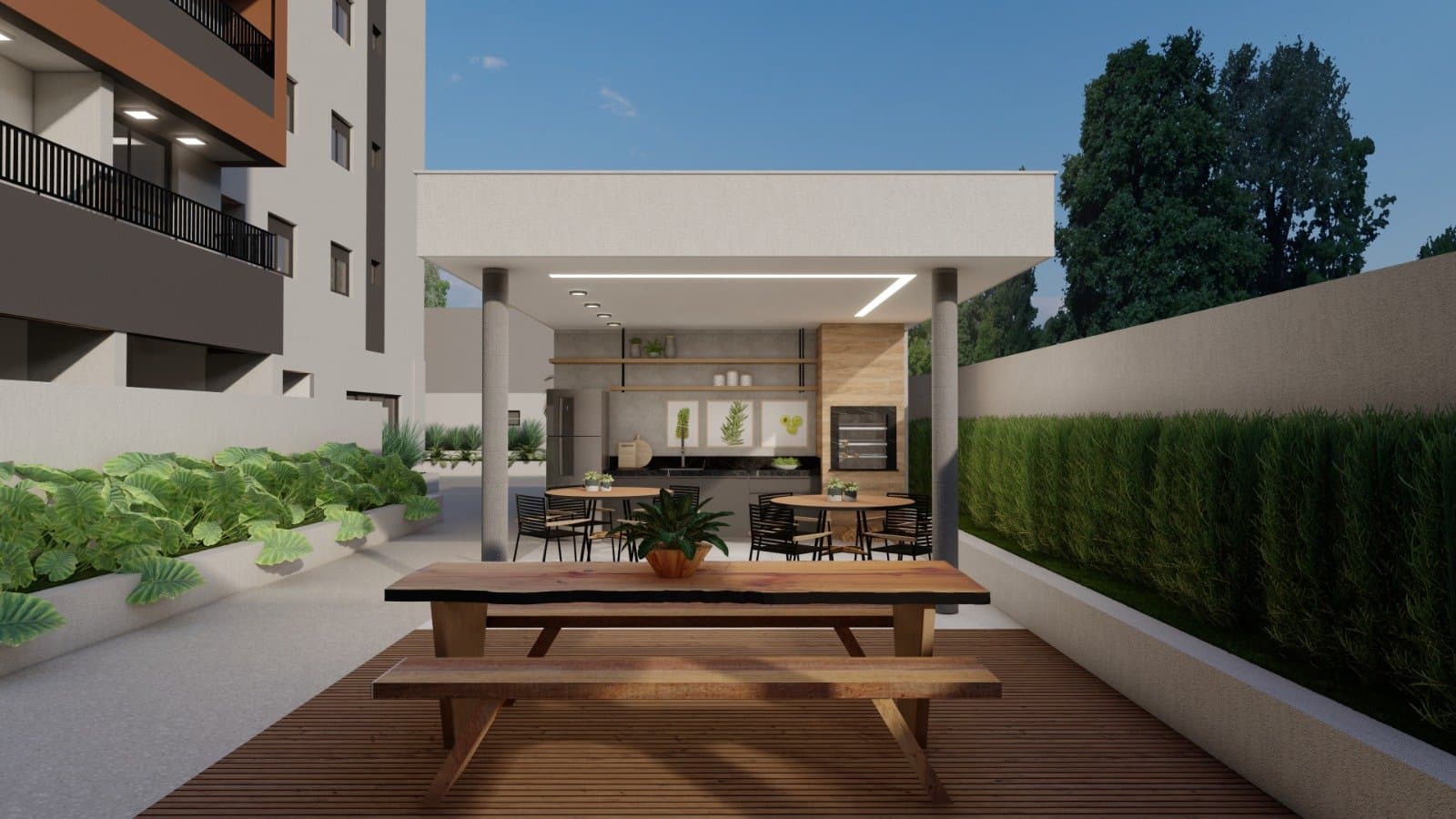 Área de convivência com mesa comunitária