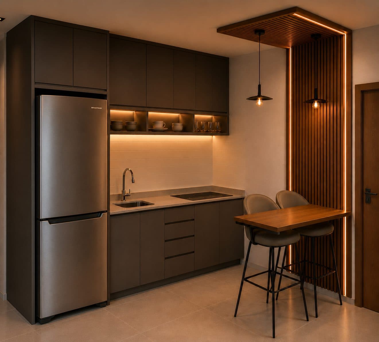 Cozinha com bancada para refeições