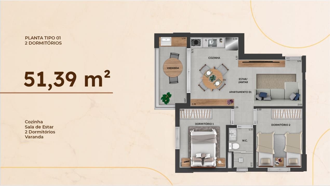 Planta tipo 01, 2 dormitórios, 51,39 m²