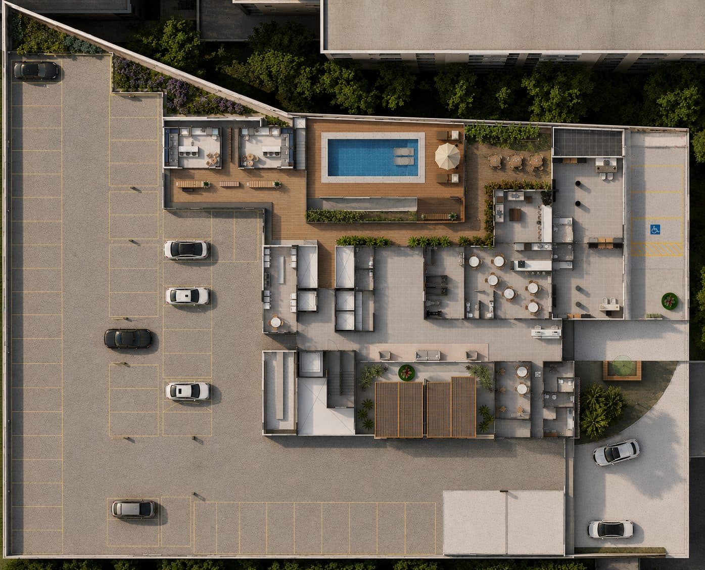 Térreo visto de cima: piscina, lazer e estacionamento